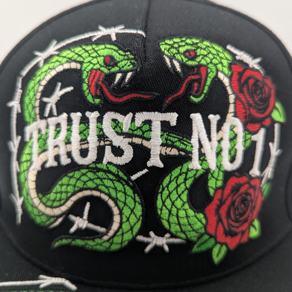 Blackjack Trust No 1 Snapback Hat Black Snake Rose Barbed Wire Flat Brim Cap - Picture 5 of 12